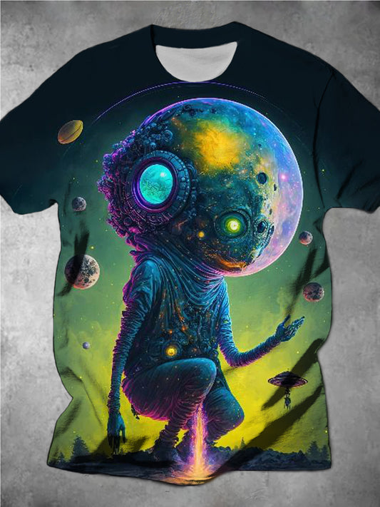 Spaceman Monster Print Men's Short-Sleeved Crew Neck T-Shirt 