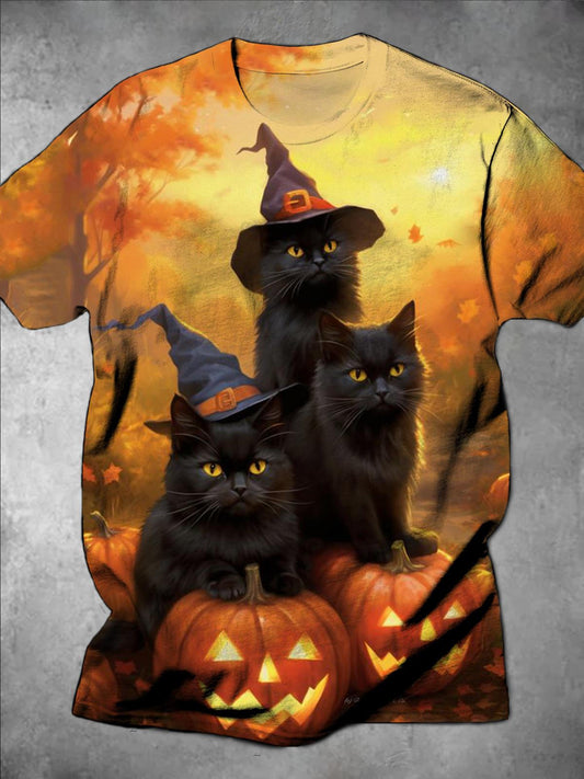 Black Cat Pumpkin Print Crew Neck Short Sleeve Men's T-Shirt
