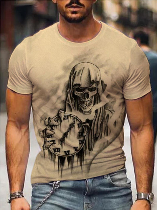 Skull Clock Print Men's Round Neck Short Sleeve T-Shirt