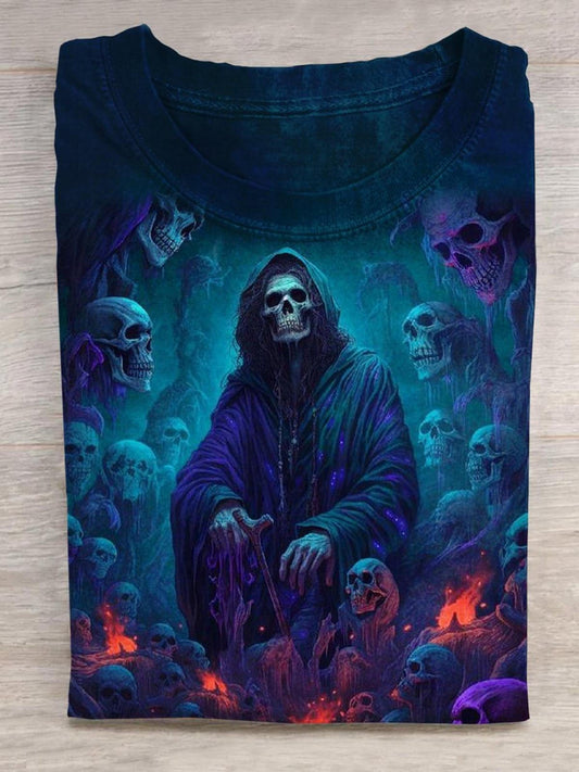 Halloween Grim Reaper Skull Round Neck Short Sleeve Men's T-Shirt