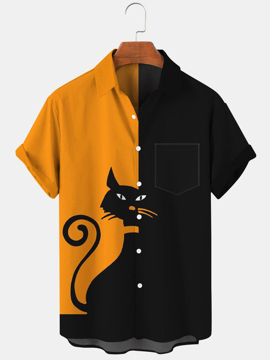 Halloween Cat Men's Shirts With Pocket