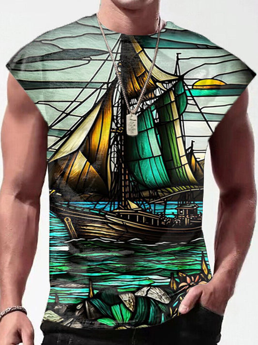 Glazed Sailboat Print Men's Sleeveless Vest