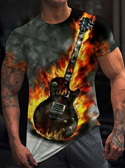 Flame Personalized Guitar Round Neck Short-Sleeved Men's T-Shirt