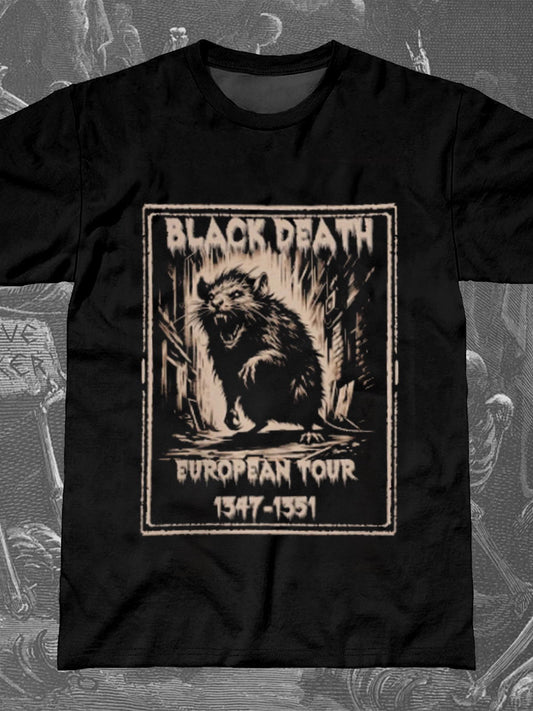 Black Death Rat Plague Print Round Neck Short Sleeve Men's T-shirt