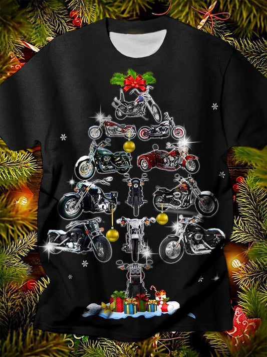 Motorcycle Christmas Tree Round Neck Short Sleeve Men's T-shirt