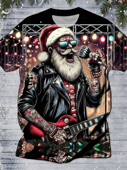 Santa Claus Rock Guitar Round Neck Short Sleeve Men's T-shirt