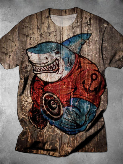 Retro Shark Round Neck Short Sleeve Men's T-shirt