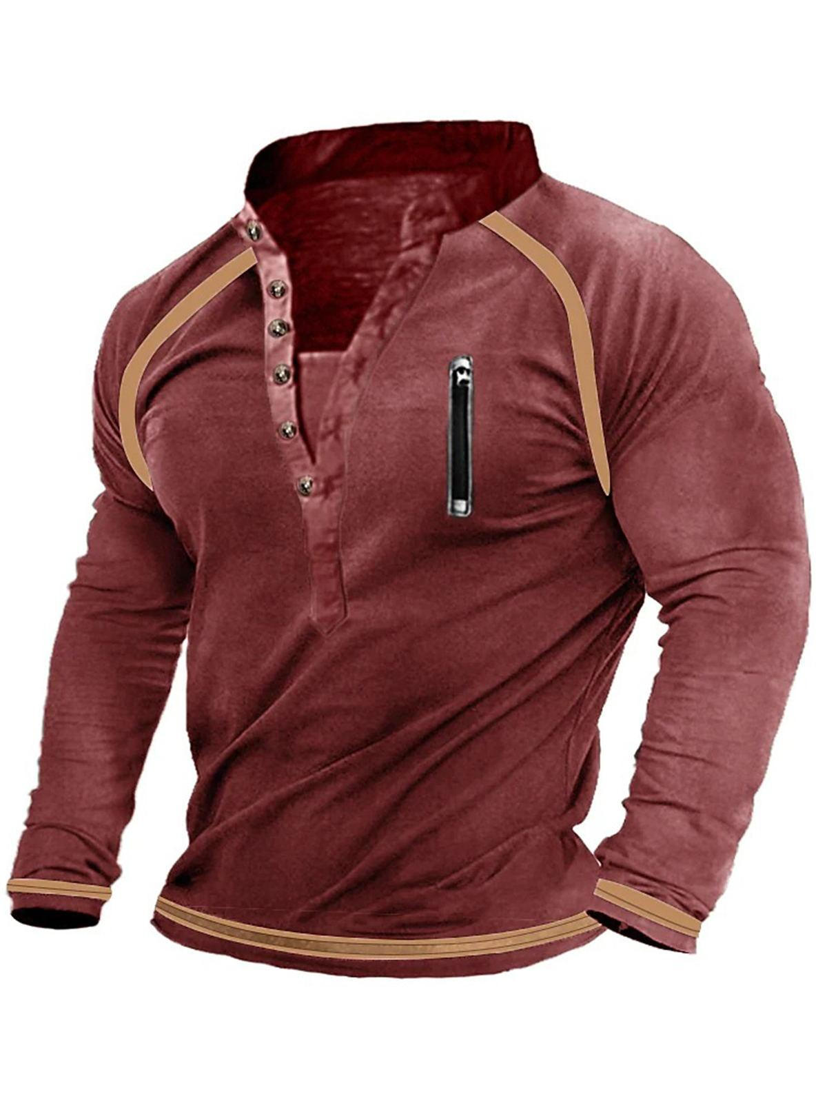 Casual Plain V-Neck Button Long Sleeve Men's T-shirt