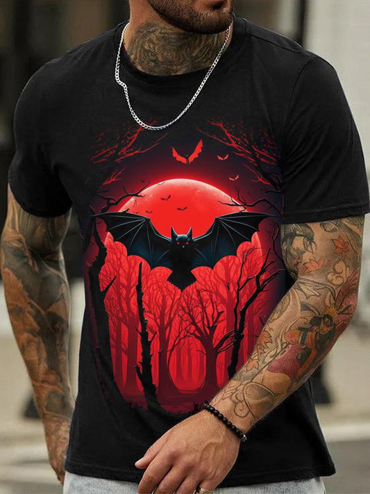 Halloween Bat Print Round Neck Short Sleeve Men's T-shirt