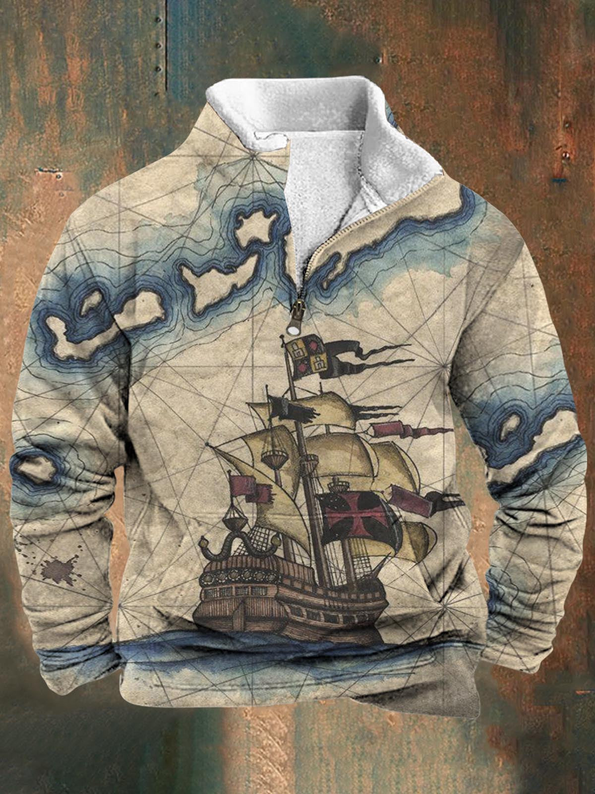 Vintage Ship Print Long Sleeve Stand Collar Zipper Sweatshirt