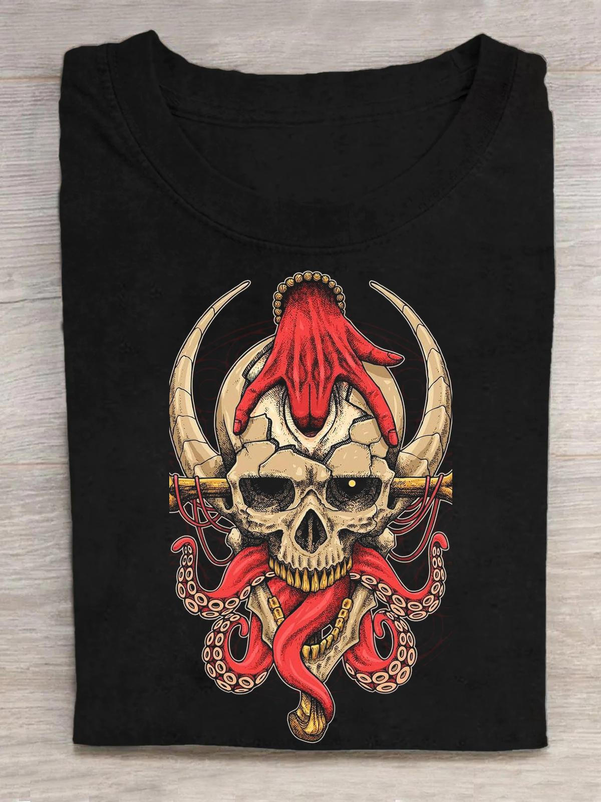 Skull Octopus Round Neck Short Sleeve Men's T-shirt