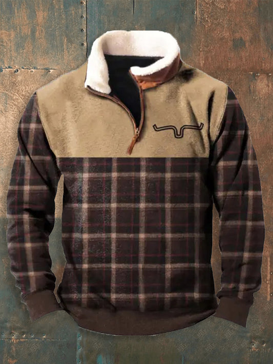 Men's Vintage Check Henley Stand Collar Pullover