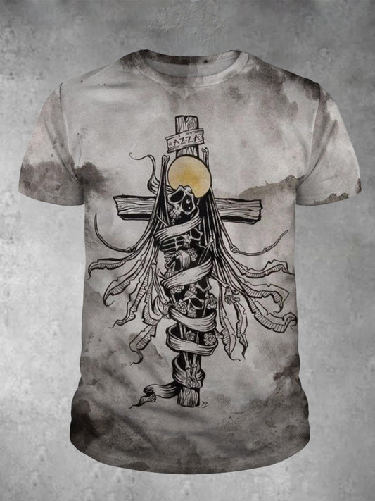 Skull Cross Print Round Neck Short Sleeve Men's T-Shirt