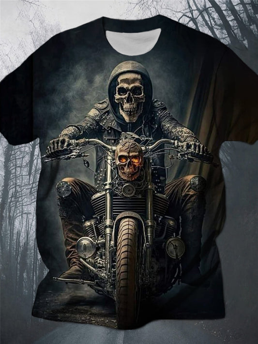 Dark Skull Motorcycle Print Crew Neck Top