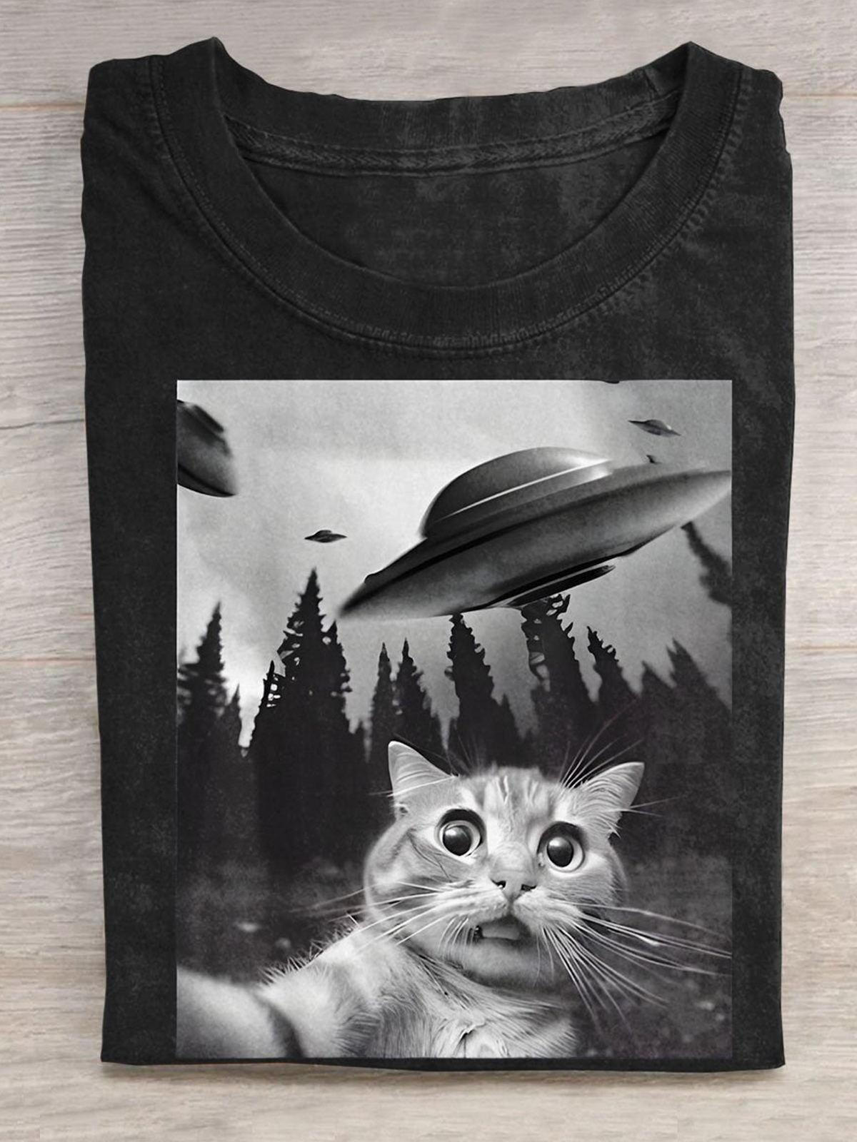 Funny Cat Spaceship Print Round Neck Short Sleeve Men's T-Shirt
