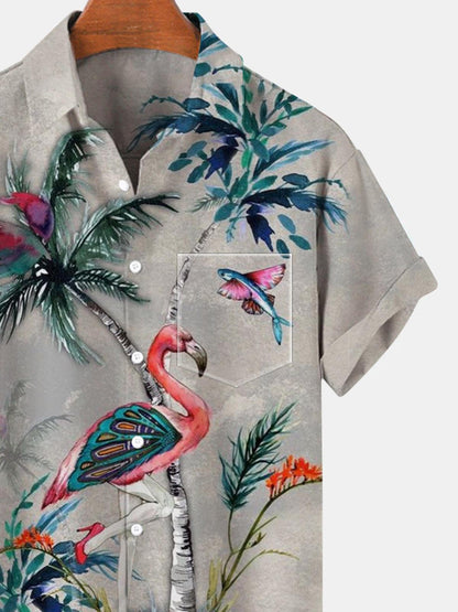 Flamingo Coconut Palm Short Sleeve Men's Shirts With Pocket