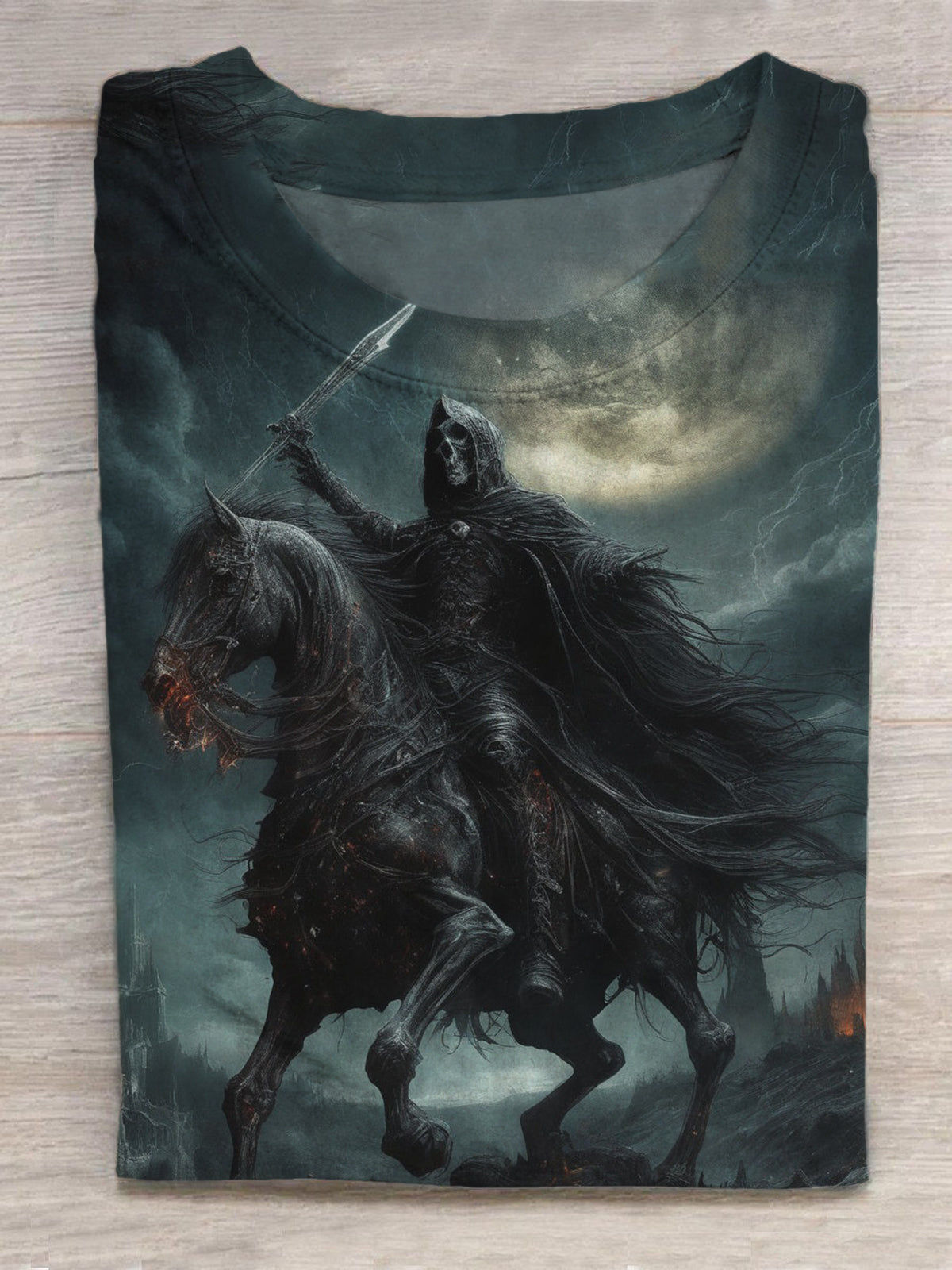 Death Metal Skull Knight Horse Print Round Neck Short Sleeve Men's T-shirt