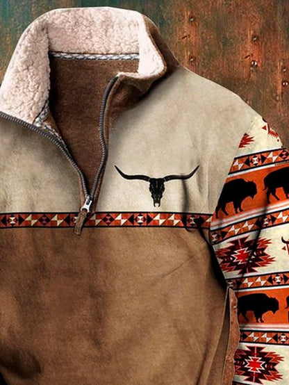 Retro Western Ethnic Print Men's Zipper Stand Collar Sweatshirt