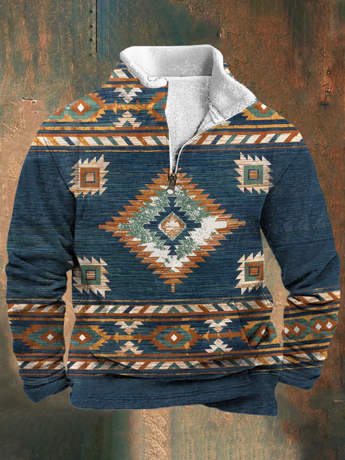 Men's Vitange Geometric Print Long Sleeve Stand Collar Zipper Sweatshirt