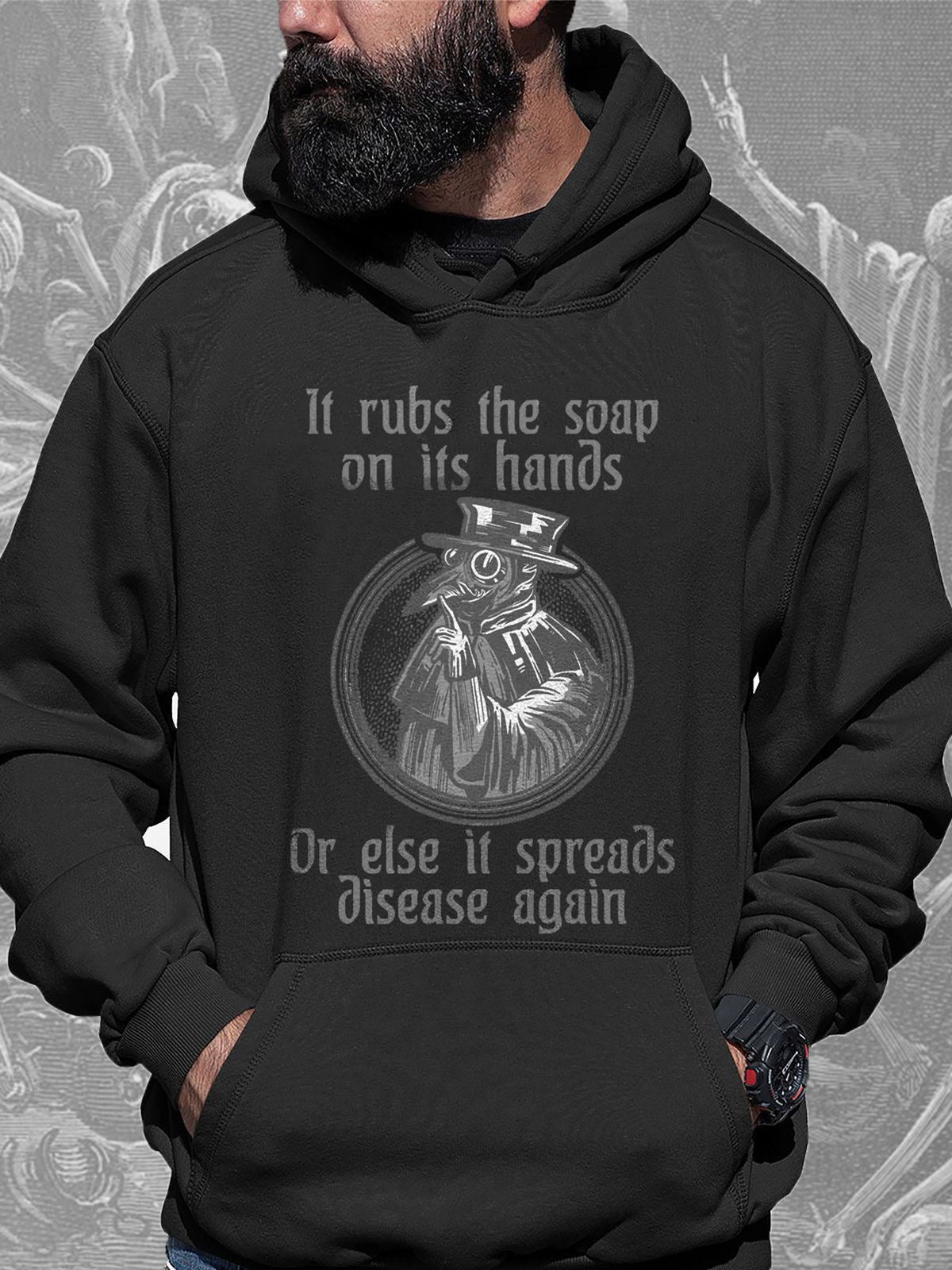 Black Death Doctor Print Long Sleeve Hooded Pocket Men's Top