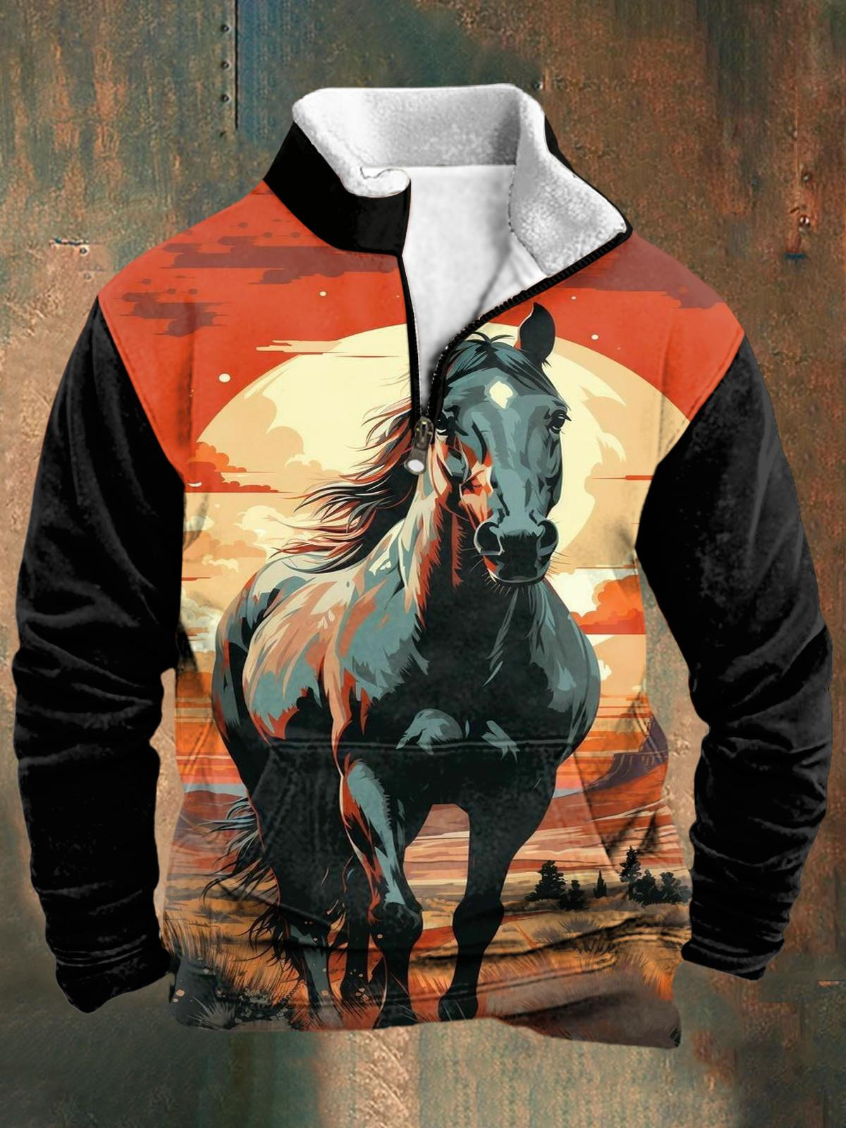 Western Style Oil Painting Horse Print Men's Long-Sleeved Stand Collar Zipper Sweatshirt