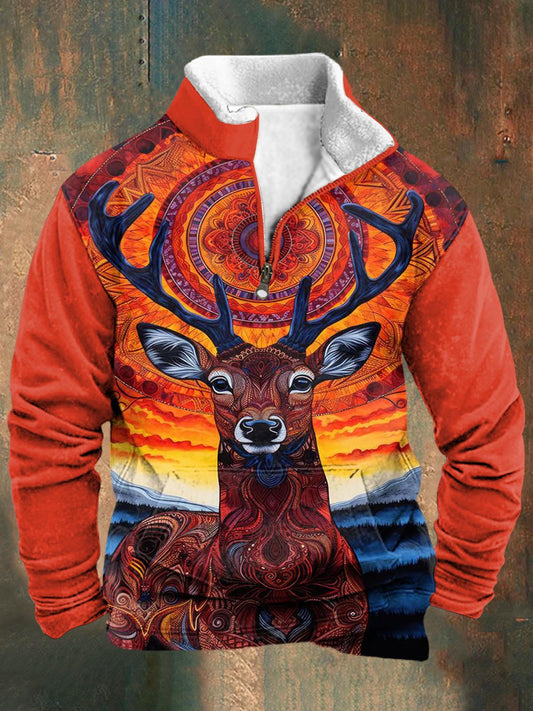 Western Style Colorful Elk Print Men's Long-Sleeved Stand Collar Zipper Sweatshirt