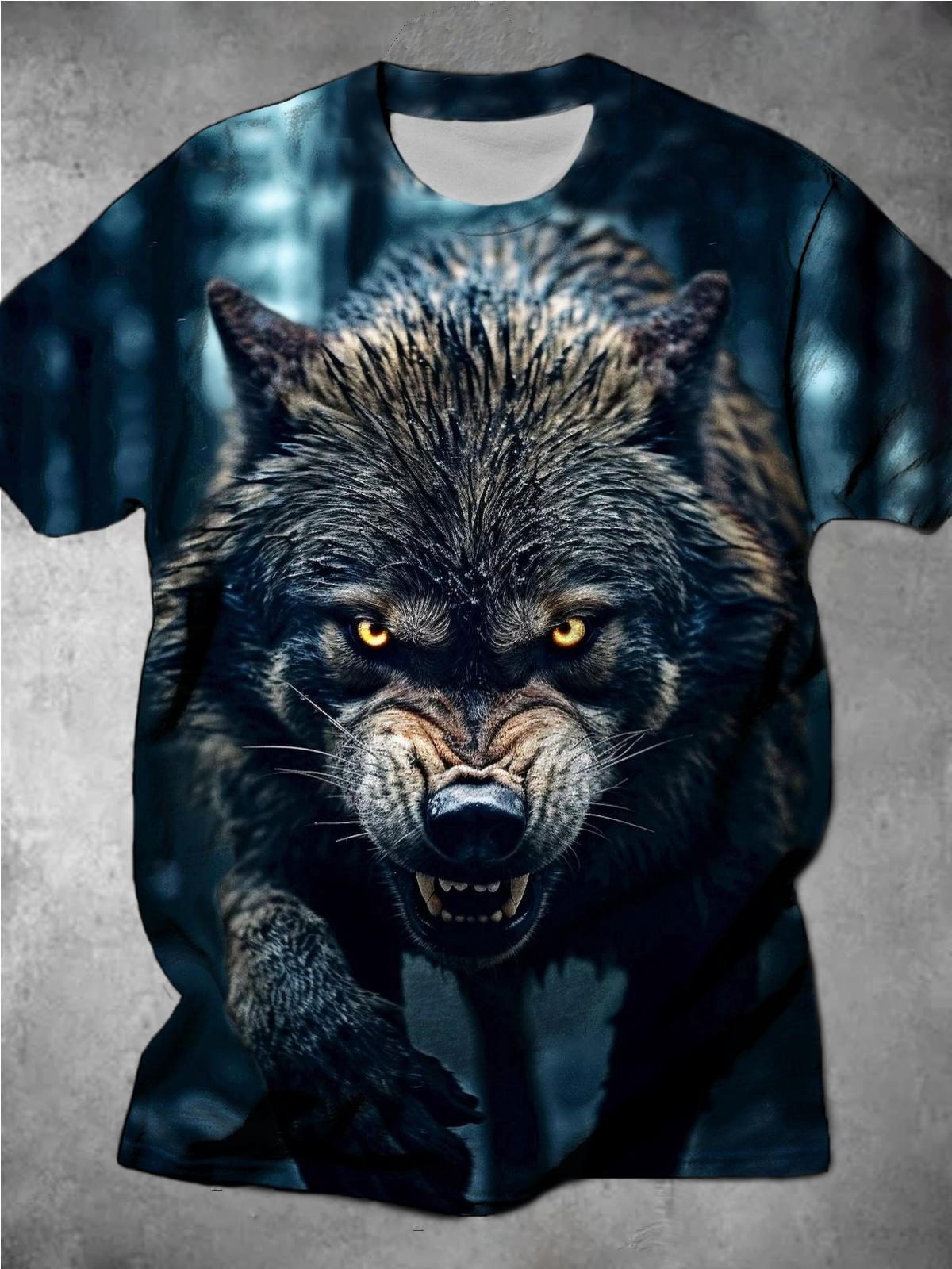 Dark And Fierce Wolf Head Print Round Neck Short-Sleeved Men's T-Shirt
