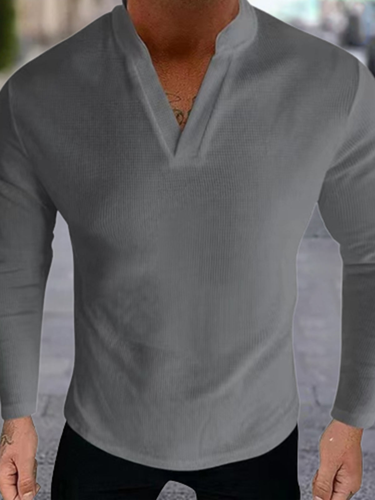Casual Solid Color V-Neck Long Sleeve Men's Tops