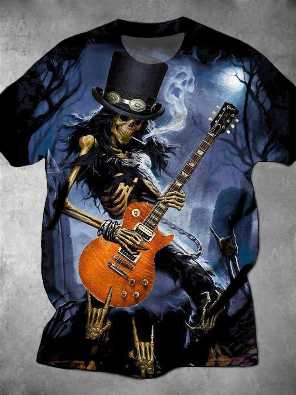 Skull Guitar Print Collar Short Sleeve Men's T-Shirt