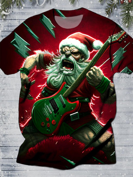 Rock Santa Playing Guitar Print Round Neck Short Sleeve Men's T-shirt