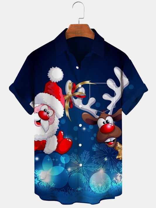 Santa Claus Deer Short Sleeve Men's Shirts With Pocket