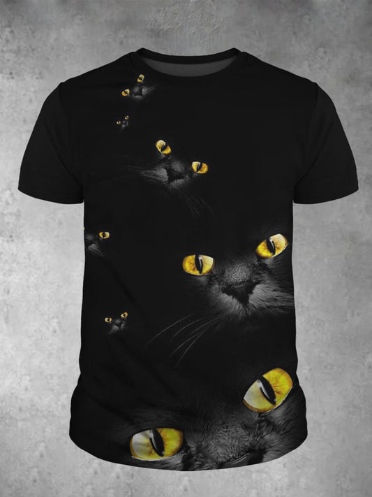 Cat Print Round Neck Short Sleeve Men's T-Shirt