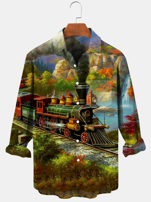 Train Mountain Long Sleeve Men's Shirts With Pocket