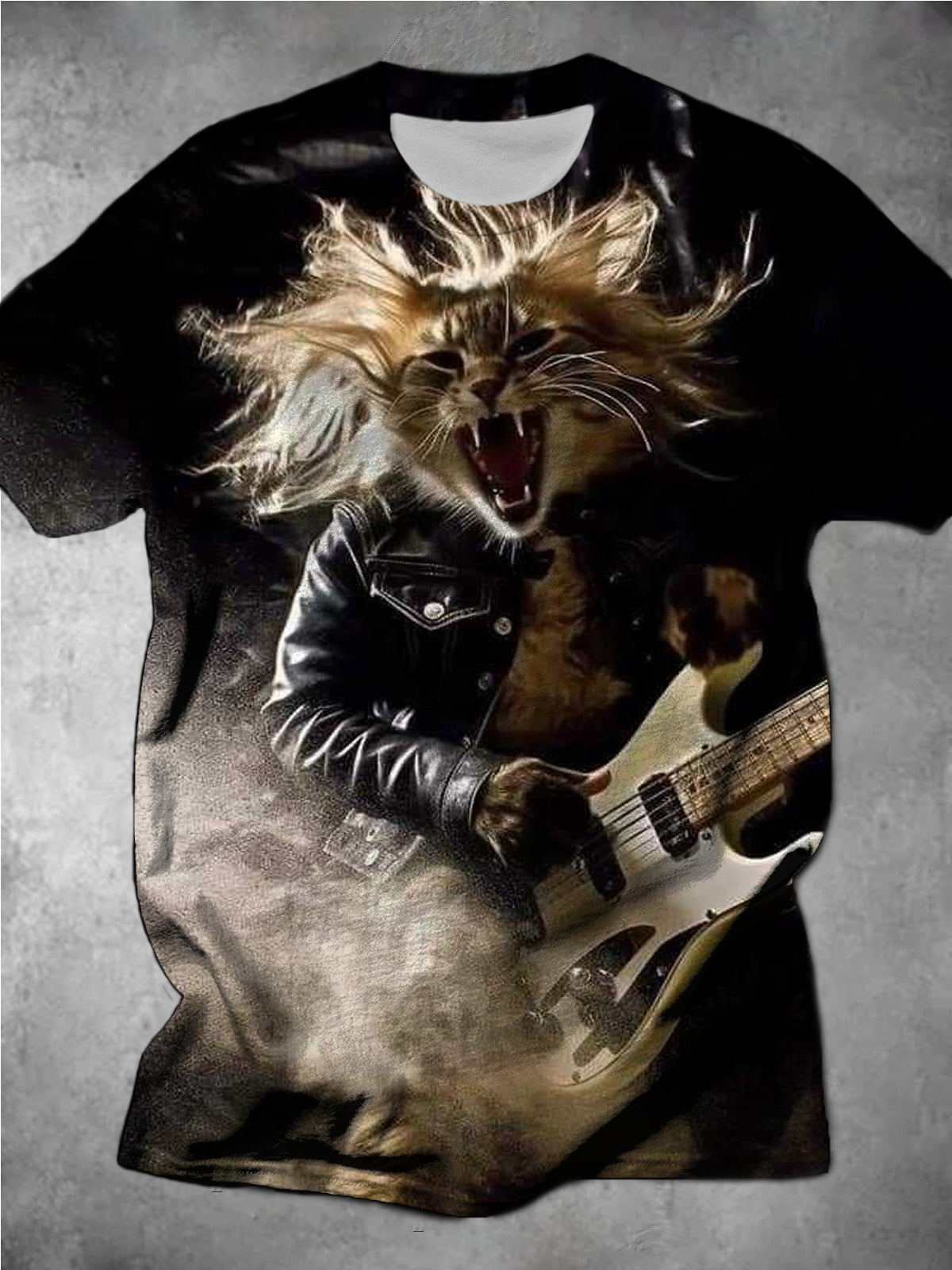 Cat Playing Guitar Print Round Neck Short-Sleeved Men's T-Shirt