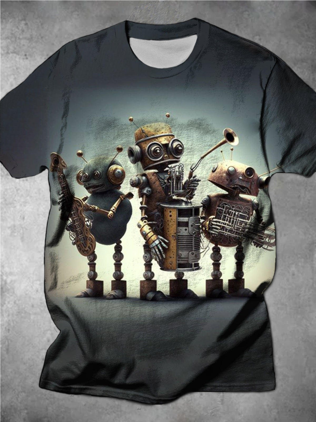 Retro Robot Band Print Crew Neck Short Sleeve Men's T-Shirt