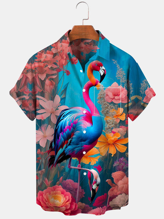 Flamingo Flower Short Sleeve Men's Shirts With Pocket