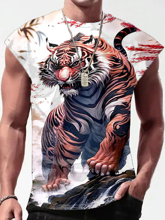 Retro Tiger Personalized Print Round Neck Sleeveless Men's Vest