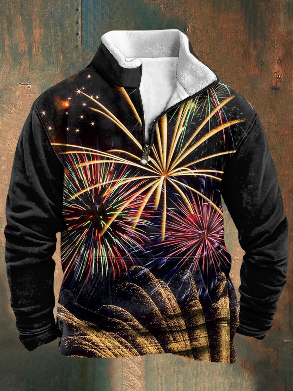 Fireworks Stitching Personalized Men's Long-Sleeved Stand Collar Zipper Sweatshirt (With Pockets)
