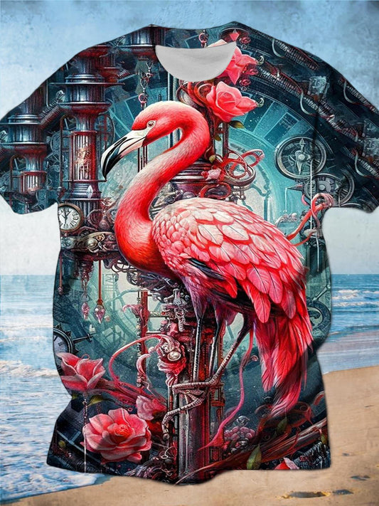Time Flamingo Print Men's Casual Short Sleeve T-Shirt