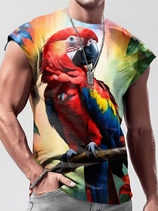Colorful Parrot Print Men's Sleeveless Crew Neck Vest