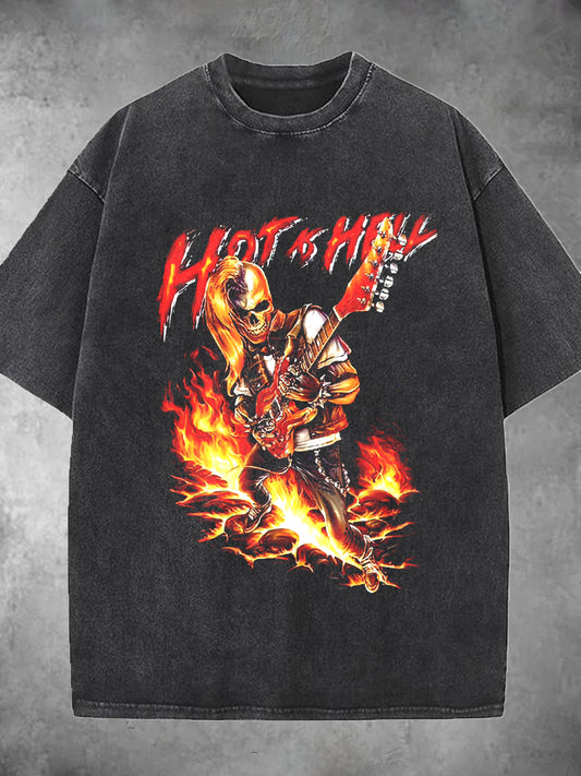 Rock Skull Playing Guitar Print Washed Short Sleeve Round Neck Men's T-shirt