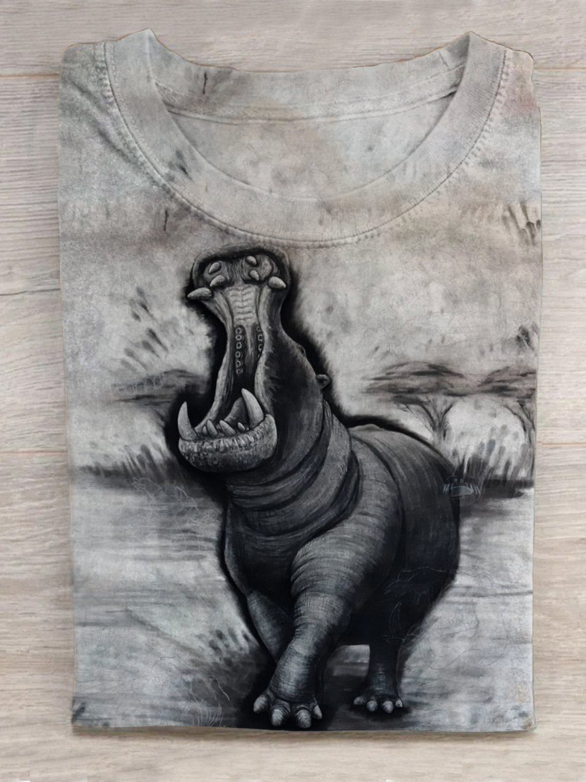 Vintage Hippo Print Crew Neck Short Sleeve Men's T-Shirt