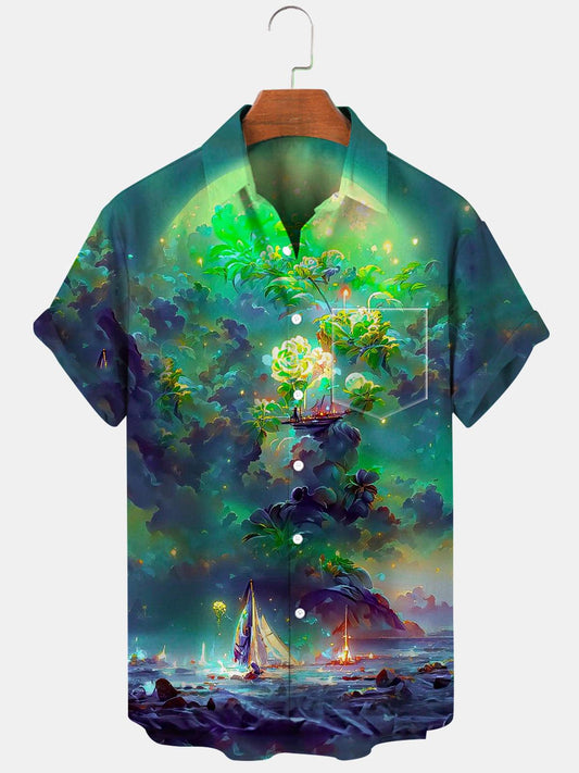 Flower Boat Short Sleeve Men's Shirts With Pocket