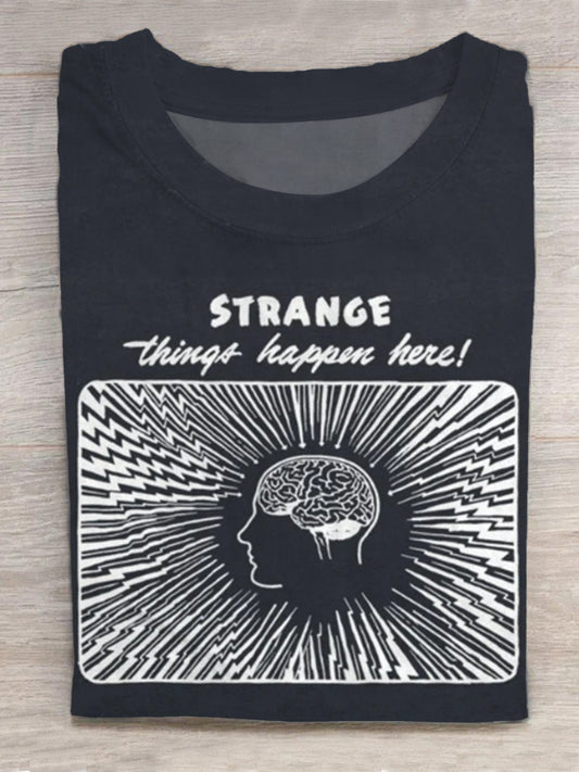 Stranger Things Happen Here Retro Print Round Neck Short Sleeve Men's T-shirt