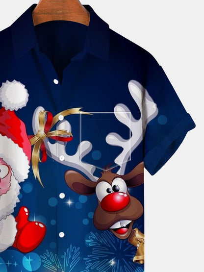 Santa Claus Deer Short Sleeve Men's Shirts With Pocket