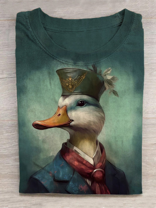 Vintage Duck Print Round Neck Short Sleeve Men's T-shirt