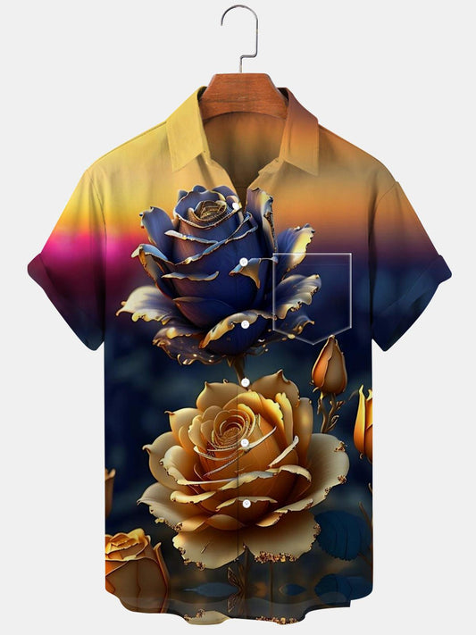 Flower Short Sleeve Men's Shirts With Pocket