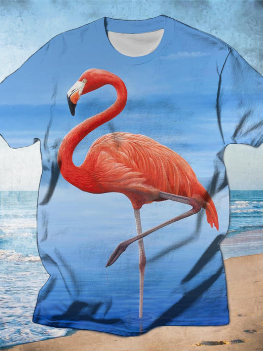 Blue Wave Flamingo Print Men's Casual Short Sleeve T-Shirt