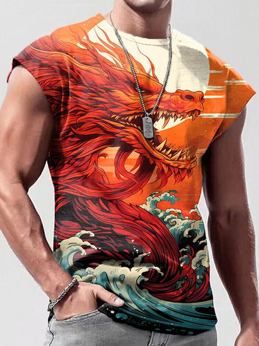 Men's Orange Dragon Print Sleeveless Tank Top