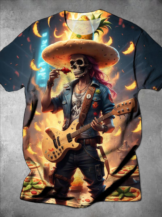 Skull Guitar Round Neck Short Sleeve Men's T-shirt